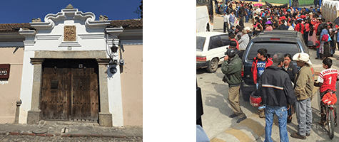 A group of people are standing outside of a church.