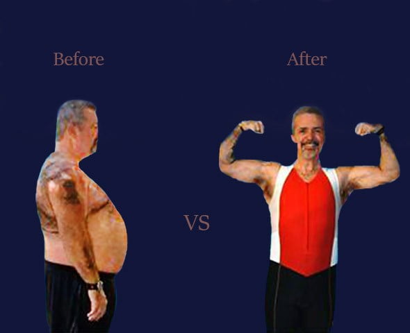 A man is shown before and after he loses weight.