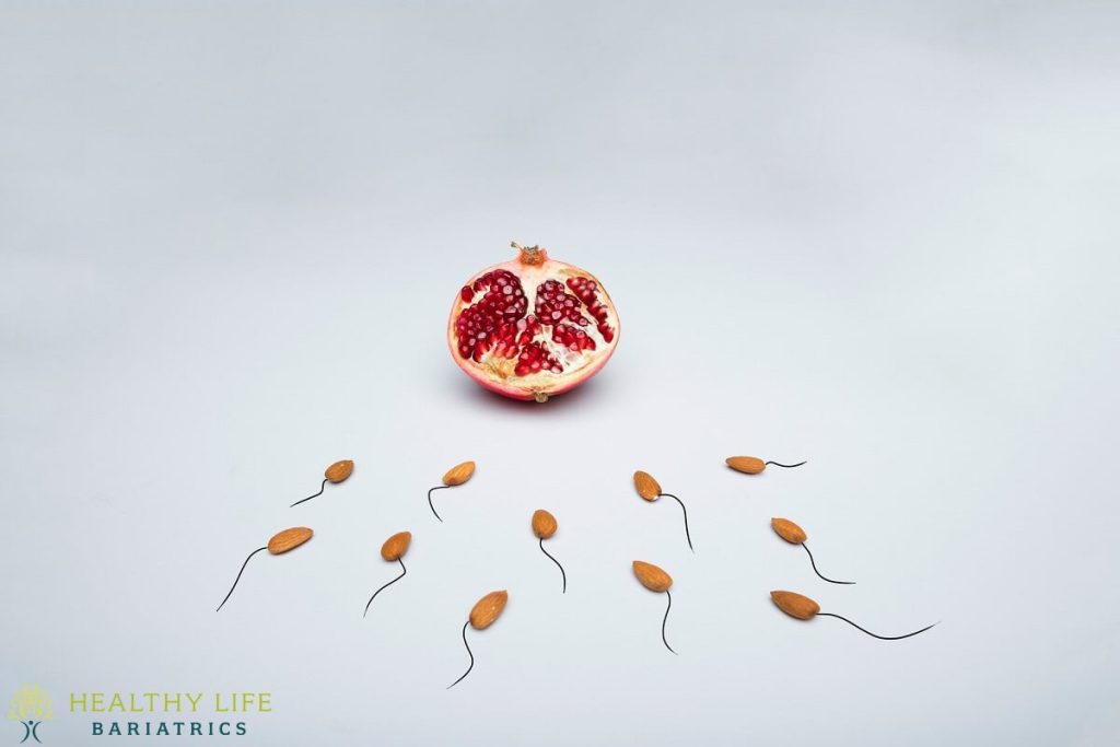 A pomegranate surrounded by sperm and eggs.