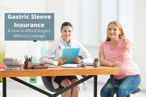 Two women sitting at a desk with the words gastric sleeve insurance.