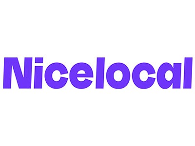 A blue and purple logo with the word nicelocal.