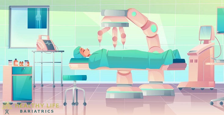 An illustration of a medical room with a robot operating on a patient.