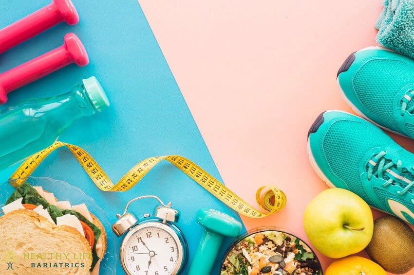 A group of food and exercise equipment on a blue and pink background.