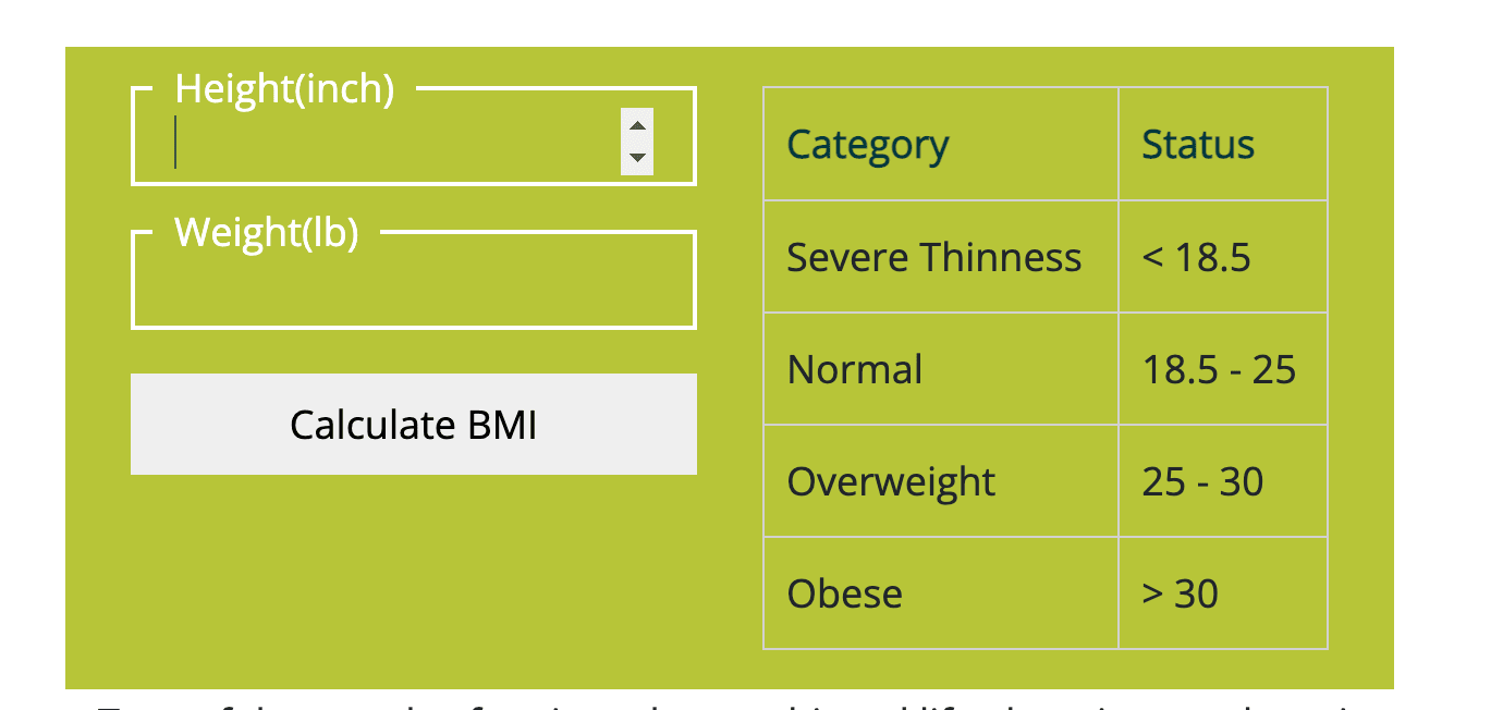 A screenshot of a BMI calculator used for Gastric Sleeve Surgery.