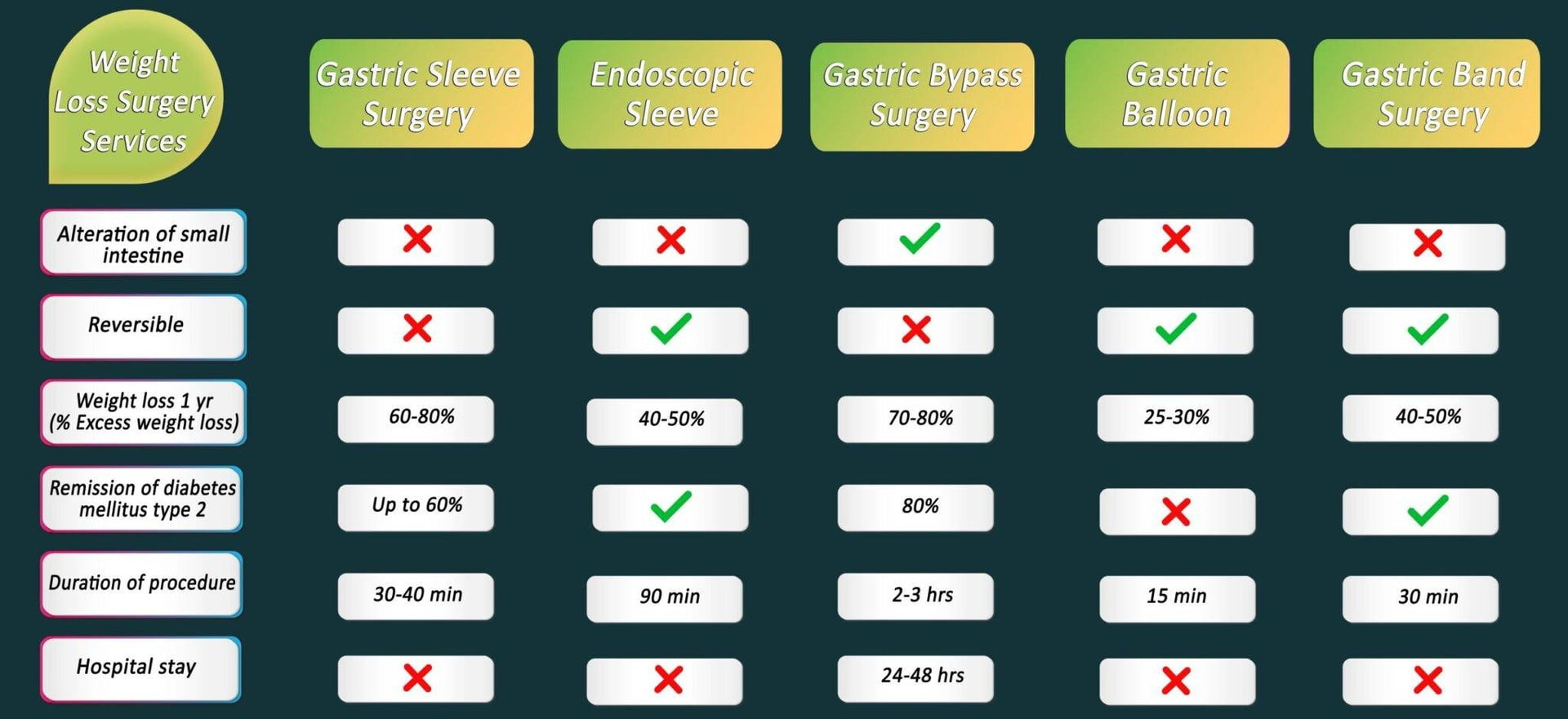 A chart displaying various plastic surgery procedures, including weight loss surgery.