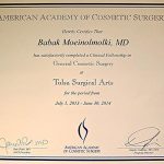 An American academy of cosmetic surgery award certificate.