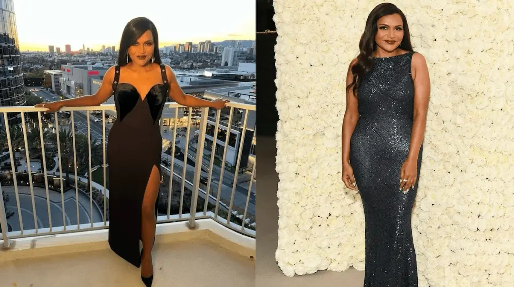 Two images of a woman in formal dresses showcase her transformation: on the left, a black dress with a slit, standing on a balcony; on the right, a sparkling dark blue dress in front of a flower wall. These photos capture her journey akin to Ozempic weight loss before and after pictures.