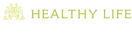 Logo of healthy life bariatrics featuring ornate gold tree design and old header on black background.