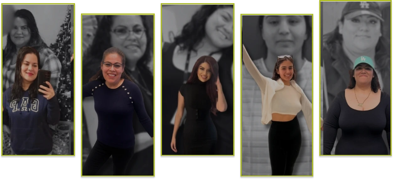 Five individuals, beaming with confidence, posed in front of large black-and-white portraits of themselves, celebrating their transformative journeys after weight loss surgery in Los Angeles.