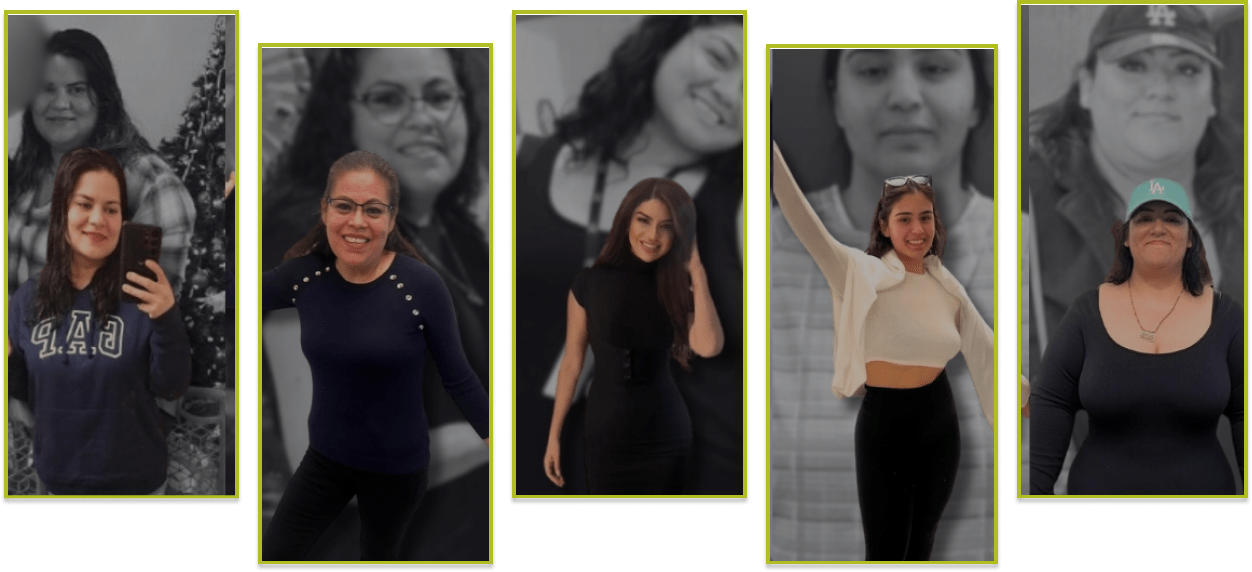 Collage de siete mujeres diversas posando individualmente, cada una con una expresión y vestimenta únicas, desde casual hasta formal, posiblemente después de su cirugía de pérdida de peso en Los Ángeles.