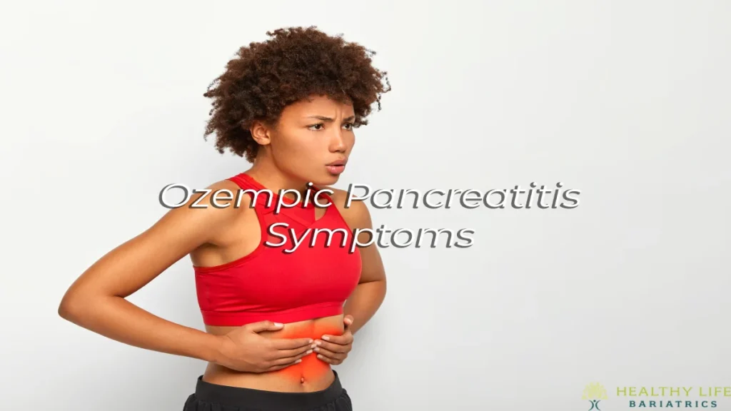 Young woman in red top clutching her stomach, displaying signs of pain, with text "Ozempic Pancreatitis Symptoms" on a plain background.