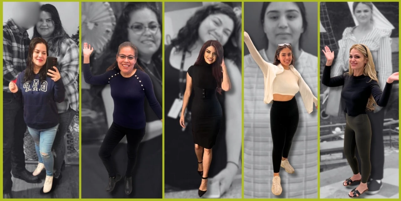 Collage of six diverse women in various poses and outfits, smiling and waving in both color and black-and-white photos, showcasing transformations from weight loss surgery in Los Angeles.