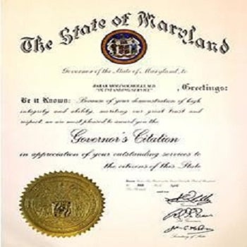 The State of Maryland Governor’s Citation