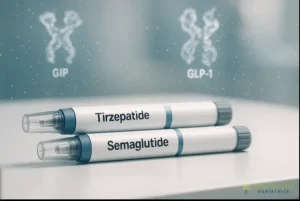 Tirzepatide vs Semaglutide injection pens with GIP and GLP-1 receptor visualization
