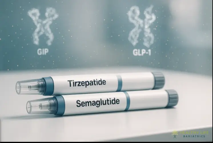 Tirzepatide vs Semaglutide injection pens with GIP and GLP-1 receptor visualization